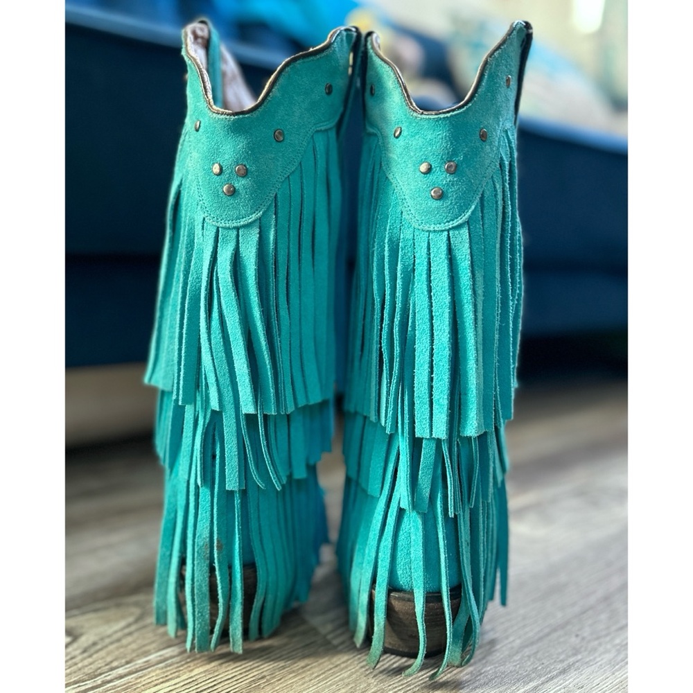 REAL Leather Tanner Mark Turquoise Fringe Cowgirl Boots sz 7 - Picture 8 of 8